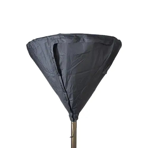 a black patio heater cover is draped over the top portion of a standing patio heater