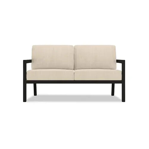 A modern styled Harmonia Living patio love seat couch profile is placed on a white background