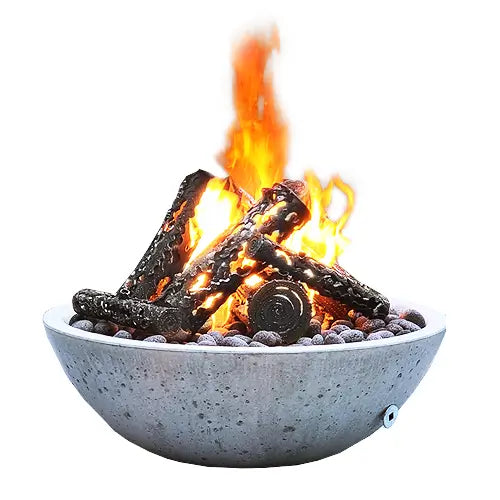 several enormous artistic steel gas logs are set ablaze on top of a huge gas fire pit 