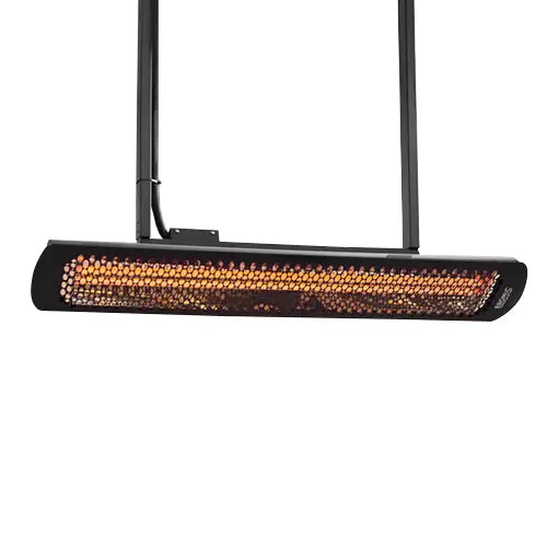 An electric heater is suspended from the ceiling with steeel supports on a white background