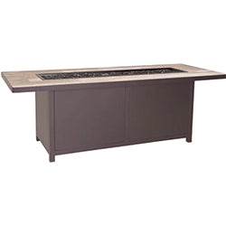 Rectangular outdoor fire pit table with a brown base and stone top, featuring a recessed fire glass area. Ideal for patios and outdoor spaces