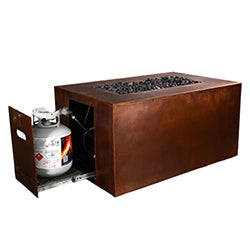 Rectangular propane fire pit with hidden tank compartment, featuring a sleek rust-colored metal design and black fire glass stones, perfect for modern outdoor settings
