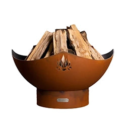 Rustic wood-burning fire pit filled with logs, featuring a curved metal design and a flame cut-out pattern, ideal for outdoor gatherings