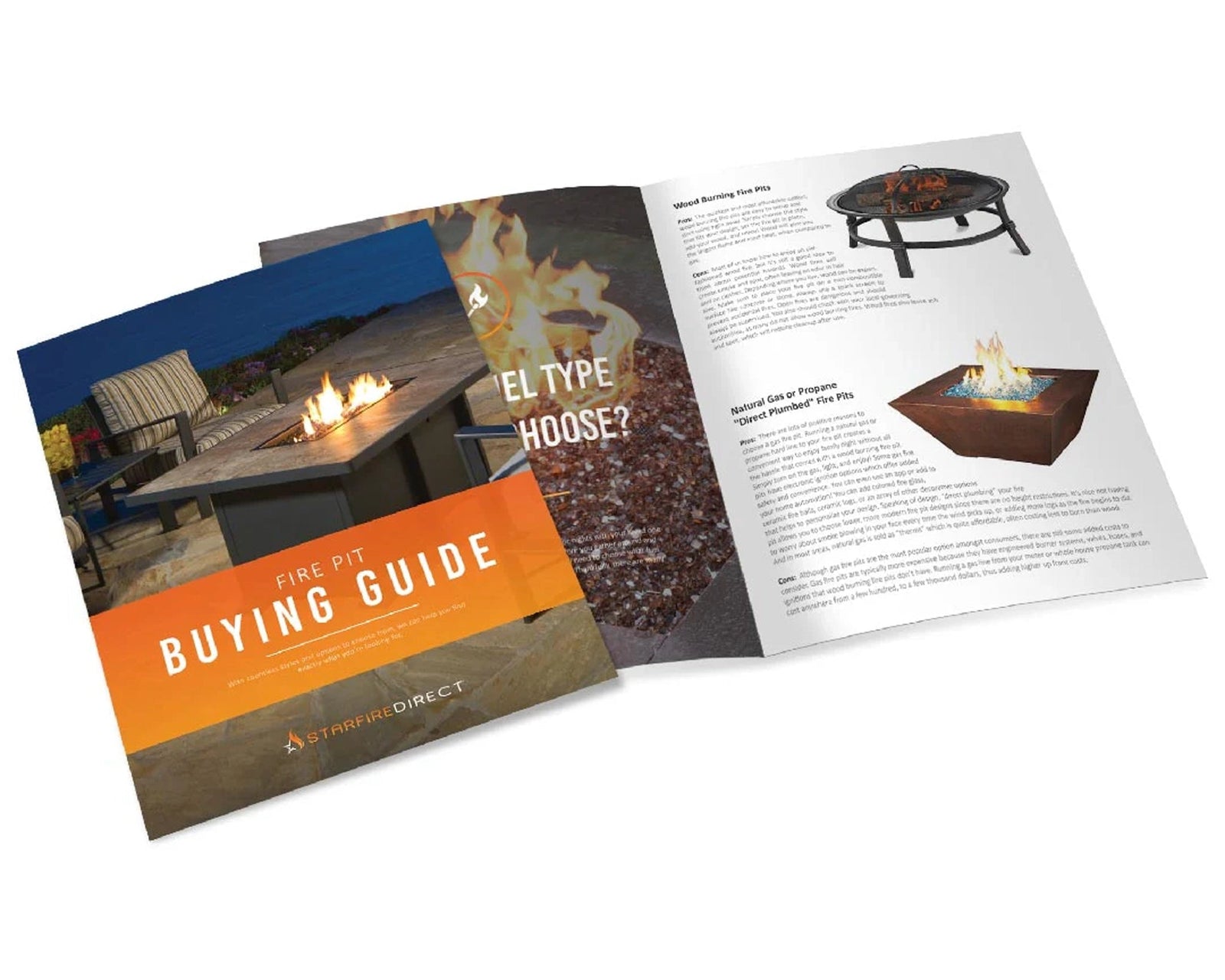 Fire pit buying guide cover and inside pages, providing detailed information and images of various fire pit styles and types.