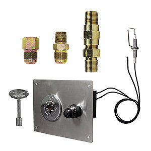 An assortment of fittings and parts are displayed such as a push button ignition system and an air mixer