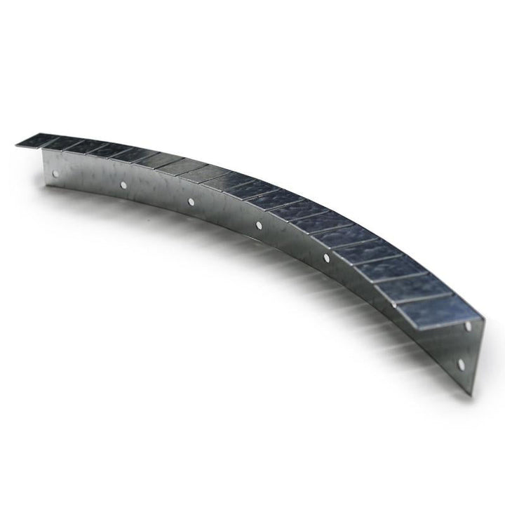 Curved stainless steel flexible fire pit form with pre-drilled holes for easy installation. The form is designed for creating custom fire pit shapes, offering durability and flexibility for various outdoor fire feature projects