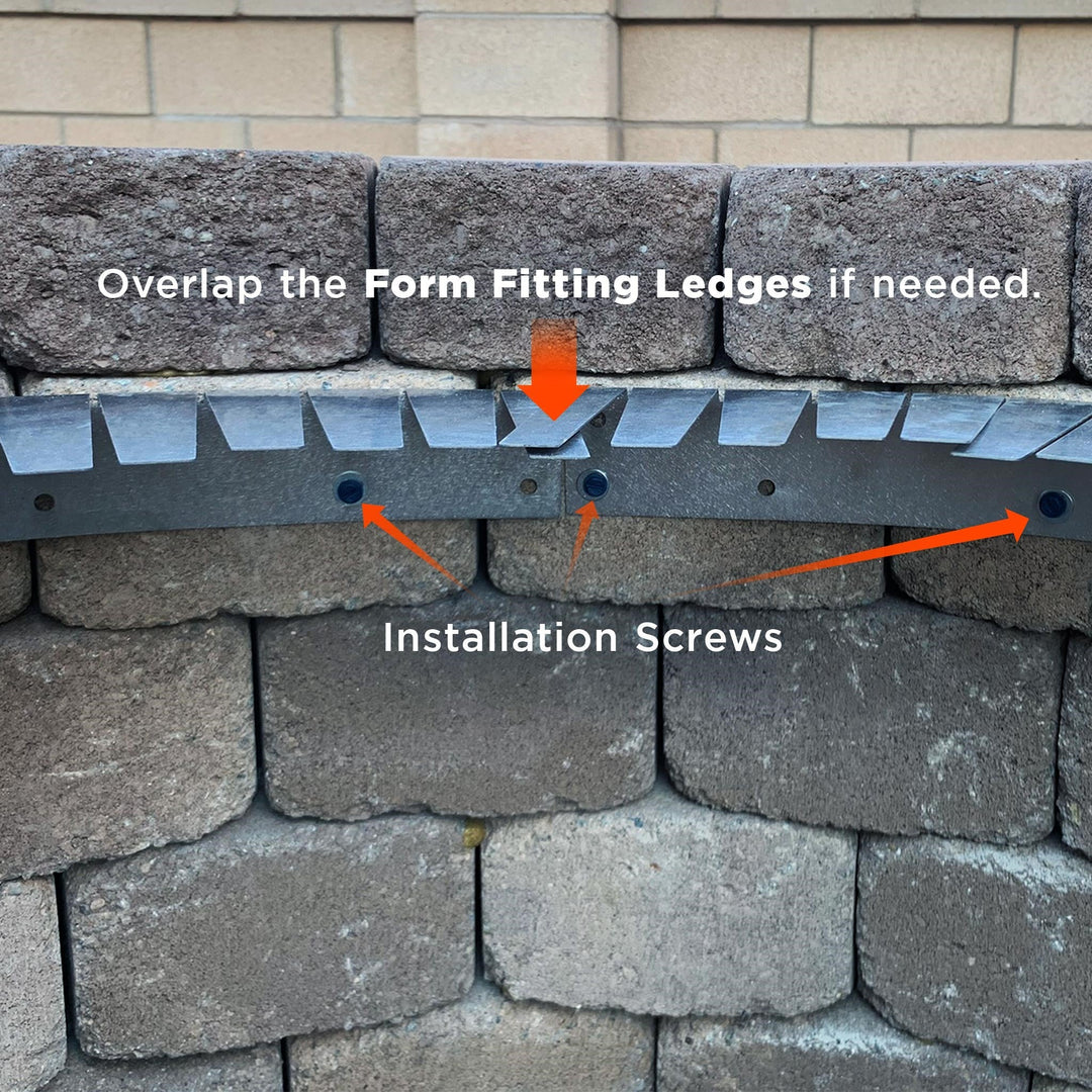 Close-up of form fitting ledge being installed in a fire pit structure. The image shows overlapping ledges with installation screws securing them to brick, with labeled arrows pointing to the components and instructions