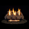 Fyreside vent-free live oak gas log set by RH Peterson Co. shown with glowing flames against a dark background, highlighting the realistic log textures and ember details. Ideal for ventless fireplaces, this set combines efficient heating with authentic log design for a warm, inviting atmosphere.