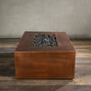 Gravity Moreno 48x32 rectangle copper fire pit unlit, highlighting the modern copper design and clean edges, perfect for enhancing an outdoor patio or backyard space