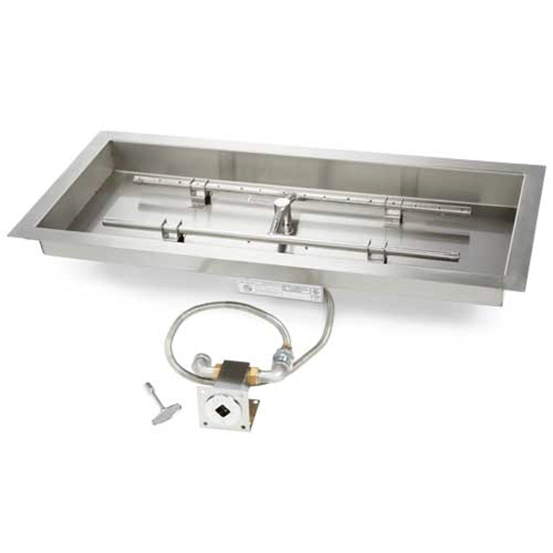 Rectangular stainless steel dual burner fire pit kit with integrated control valve and hardware, designed for building custom outdoor fire pits