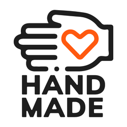 Icon showing a hand with a heart and the words "HAND MADE," representing handcrafted, artisanal, or handmade products.