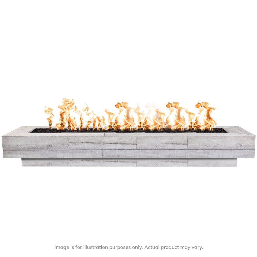 The Outdoor Plus 120-inch Coronado wood grain concrete gas fire pit in ivory, featuring a sleek and modern rectangular design with a long flame that enhances outdoor spaces. Crafted from durable concrete, this fire pit mimics the look of natural wood grain, making it ideal for patios or luxury backyards. Runs on propane or natural gas