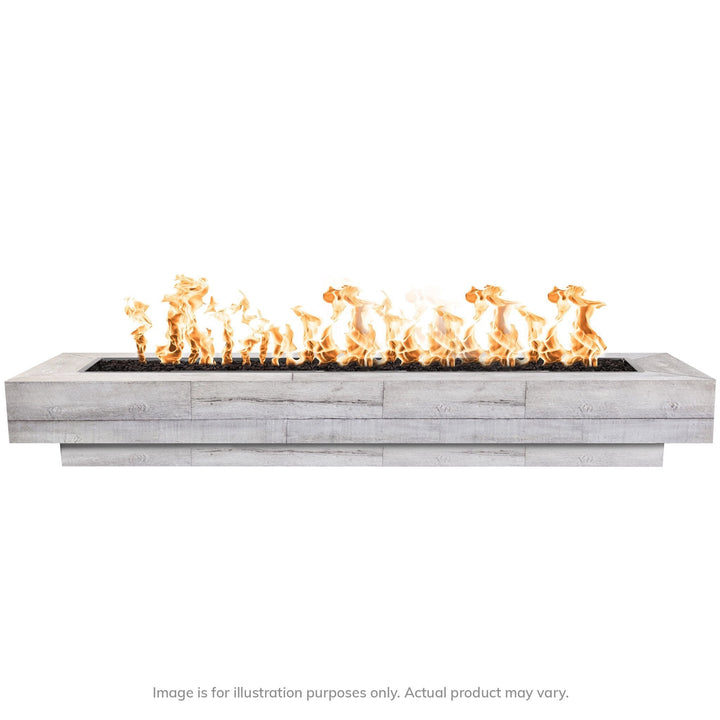 The Outdoor Plus 120-inch Coronado wood grain concrete gas fire pit in ivory, featuring a sleek and modern rectangular design with a long flame that enhances outdoor spaces. Crafted from durable concrete, this fire pit mimics the look of natural wood grain, making it ideal for patios or luxury backyards. Runs on propane or natural gas