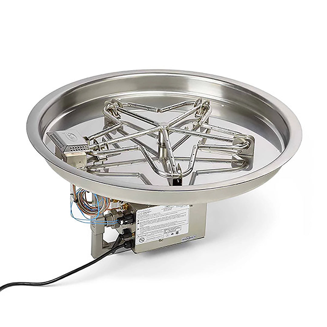 Round stainless steel fire pit burner with star-shaped design and integrated electronic ignition system, perfect for custom outdoor fire pit installations