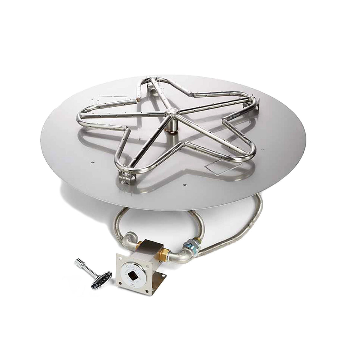 Round stainless steel fire pit burner kit featuring a star-shaped burner, complete with integrated control valve and hardware, ideal for custom outdoor fire pits