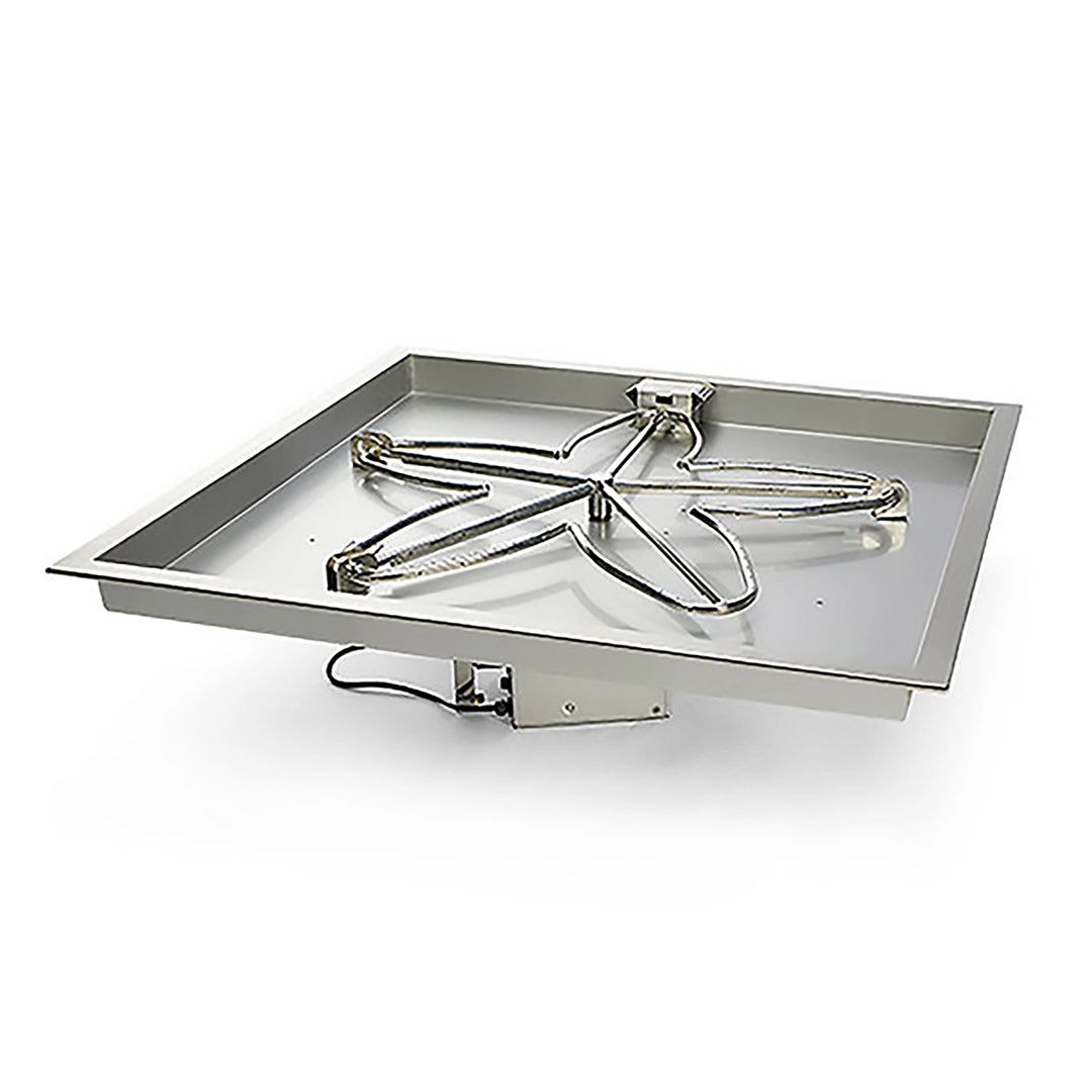 Square stainless steel fire pit burner with star-shaped design and integrated electronic ignition system, perfect for custom outdoor fire pit installations