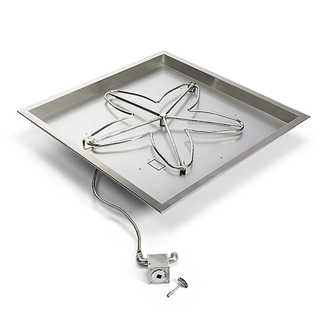 Square stainless steel fire pit burner kit with a star-shaped burner, control valve, and hardware, designed for custom outdoor fire pits