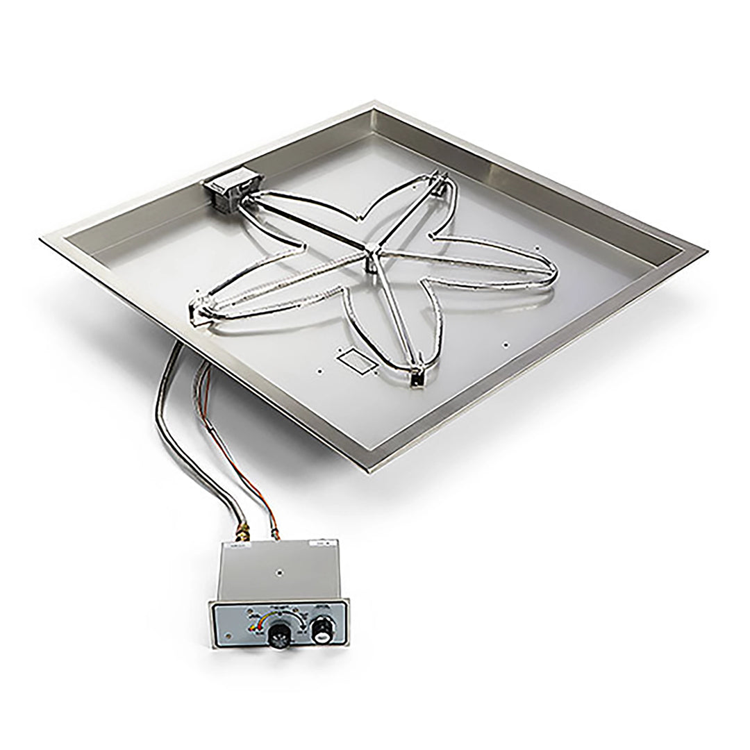 Square stainless steel fire pit burner kit with an integrated control panel, featuring an ignition switch and temperature control dial, suitable for custom outdoor fire pits.