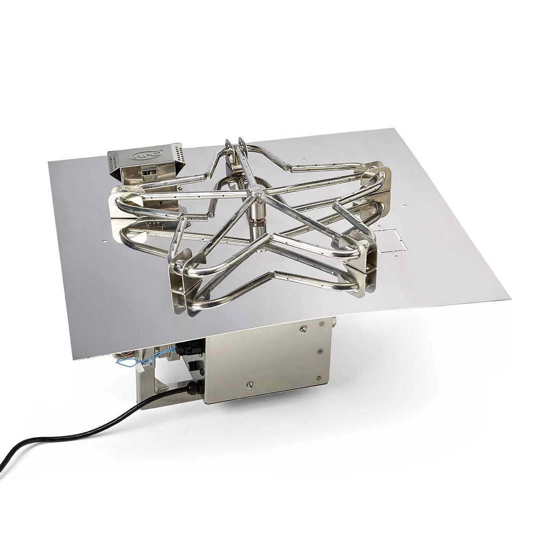 Square stainless steel fire pit burner with star-shaped design and integrated electronic ignition system, perfect for custom outdoor fire pit installations