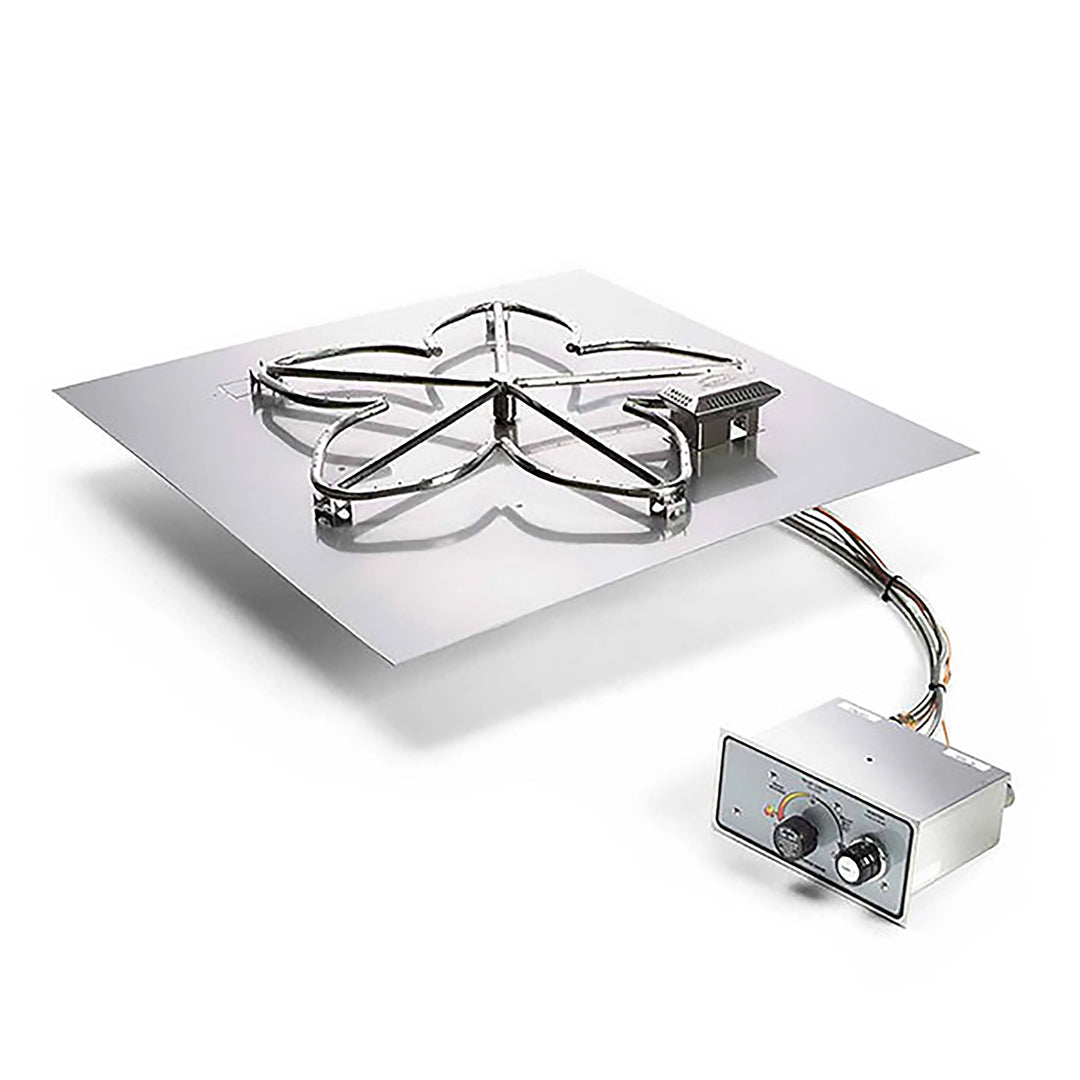 Square stainless steel fire pit burner kit with an integrated control panel, featuring an ignition switch and temperature control dial, suitable for custom outdoor fire pits.