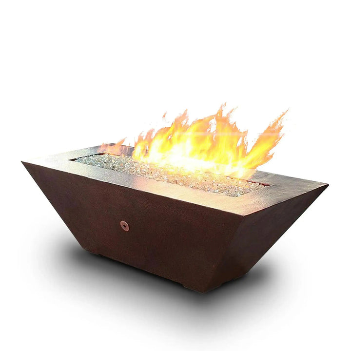 Largo Moreno 60-inch x 26-inch Rectangle Copper Fire Pit, displayed on a white background showcasing its sleek hand-hammered copper finish