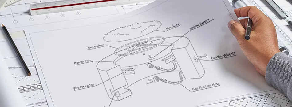 line drawing of a diy fire pit and it's components
