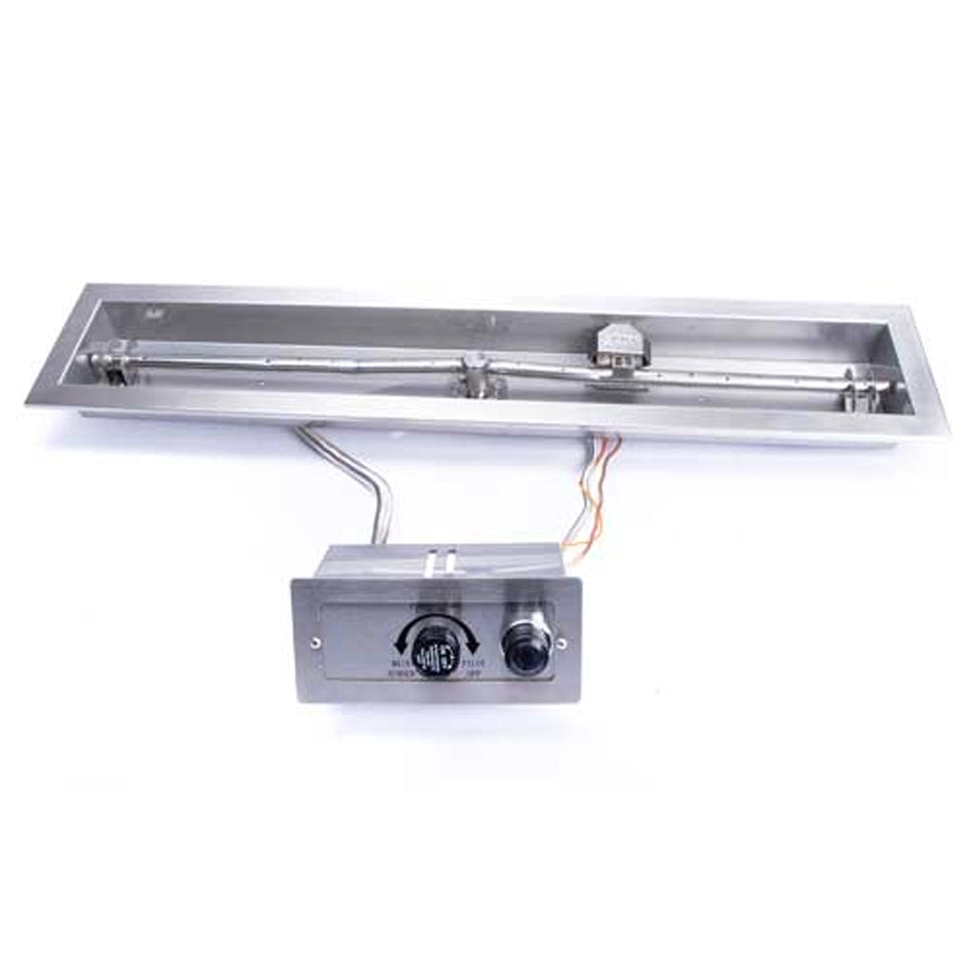 Rectangular stainless steel fire pit burner kit with an integrated control panel, featuring an ignition switch and temperature control dial, suitable for custom outdoor fire pits.