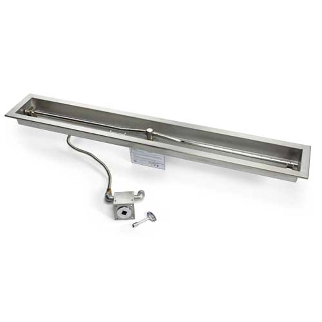 Rectangular stainless steel fire pit burner kit with integrated control valve and additional hardware, ideal for customizing outdoor fire pits