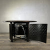 Front view of the Golden Flame Malibu 44” Round Cast Aluminum Natural Gas Fire Table with its cabinet door open, revealing the storage space and control panel for convenience.