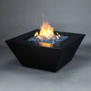 Mill 40-inch Square Steel Gas Fire Pit - Black Hammertone, showcasing the full view with vibrant flames. This modern outdoor fire pit is ideal for luxury backyard settings