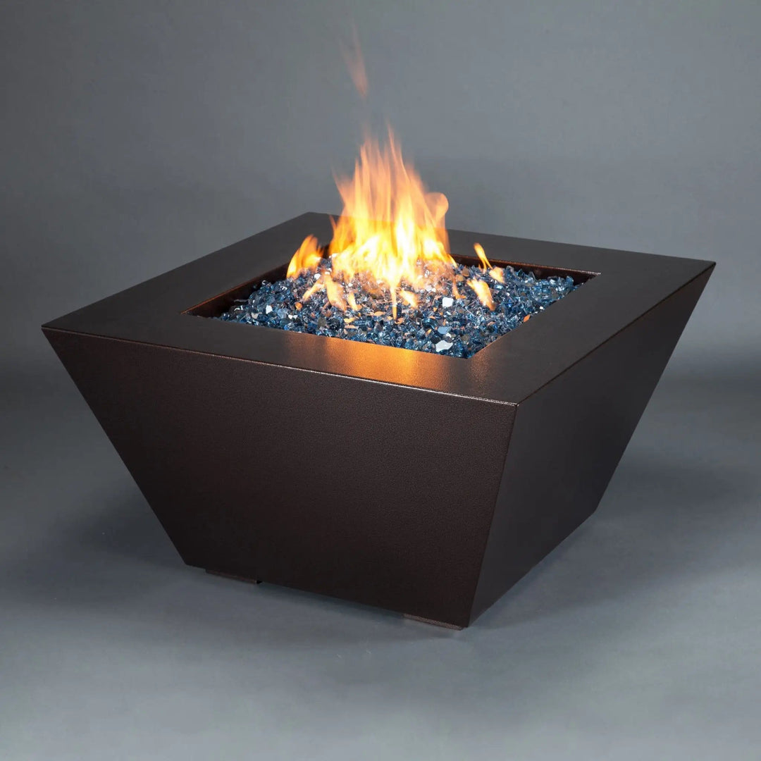 ull view of mill 40-inch square steel gas fire pit in copper vein finish with blue fire glass