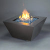 Angled view of the Mill 40-inch Square Steel Gas Fire Pit - Silver Hammertone, showcasing the sleek design and bright flames. Ideal for contemporary outdoor settings