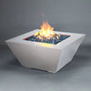 Side corner view of the Mill 40-inch Square Steel Gas Fire Pit - White Hammertone, highlighting the sleek design and vibrant flame. A perfect addition to any modern outdoor patio