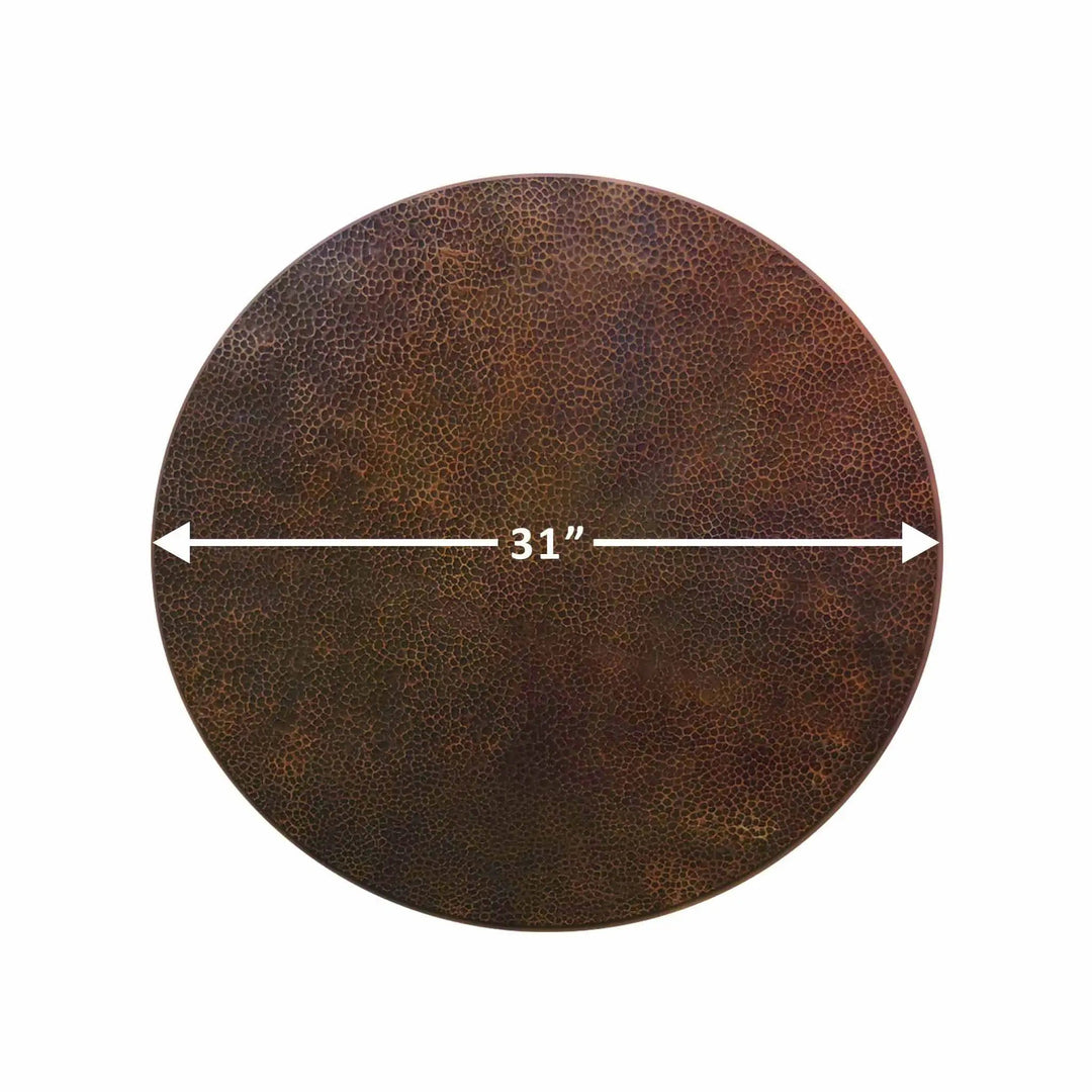 Moreno 31-inch round copper fire pit lid, featuring detailed measurements for a perfect fit. The hammered copper finish provides a rustic yet luxurious look while offering protection for outdoor fire pits. Ideal for covering fire bowls, patio fire tables, and large backyard fire pits, this lid adds both style and functionality to your outdoor setup