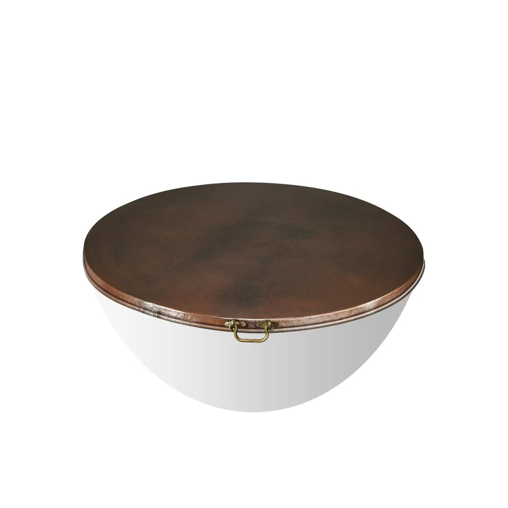This image illustrates the exact dimensions of the Moreno 42" round copper fire pit lid, emphasizing its 42-inch diameter. The finely crafted hammered copper surface and the precise measurement make it a perfect fit for various outdoor fire pits, offering both protection and a functional surface.