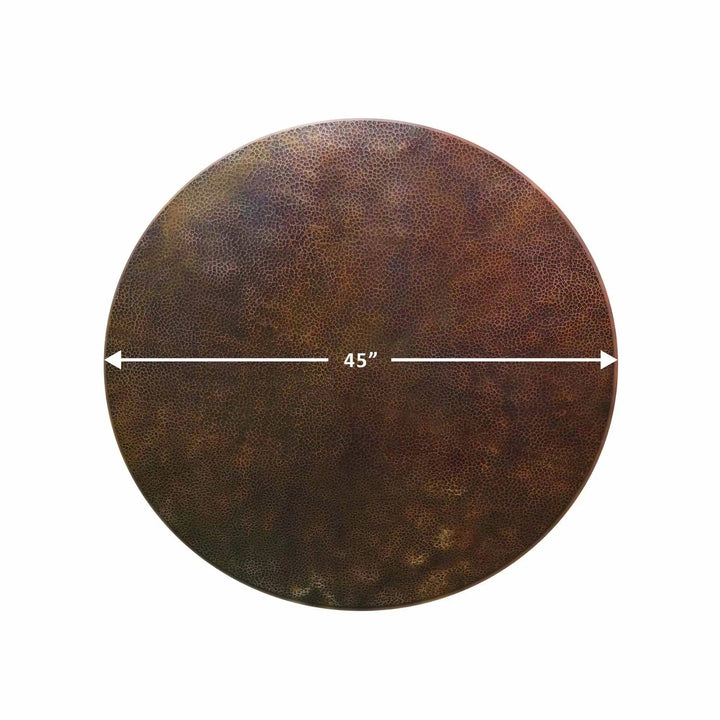 Top-down view of the Moreno 45-inch round copper fire pit lid, highlighting its even, hand-crafted copper surface and rich patina. The durable lid fits securely on your fire pit, offering protection and a sleek, modern look. Perfect for copper fire pits, round fire pit lids, and patio fire pit covers