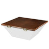Moreno 50-inch square copper fire pit lid with a beautiful hammered copper finish and brass handles for convenient portability. This sturdy cover provides outdoor protection for square fire pits when not in use. The unique texture and hand-crafted design enhance the overall aesthetic of copper fire pits, making it a stylish and protective accessory for backyard setups