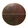 "Moreno 54-inch round copper fire pit lid with measurements displayed. The hammered copper finish and large size make it ideal for protecting outdoor fire pits and fire bowls. Equipped with sturdy brass handles, this lid is both functional and decorative, providing long-lasting durability for high-end backyard fire pits