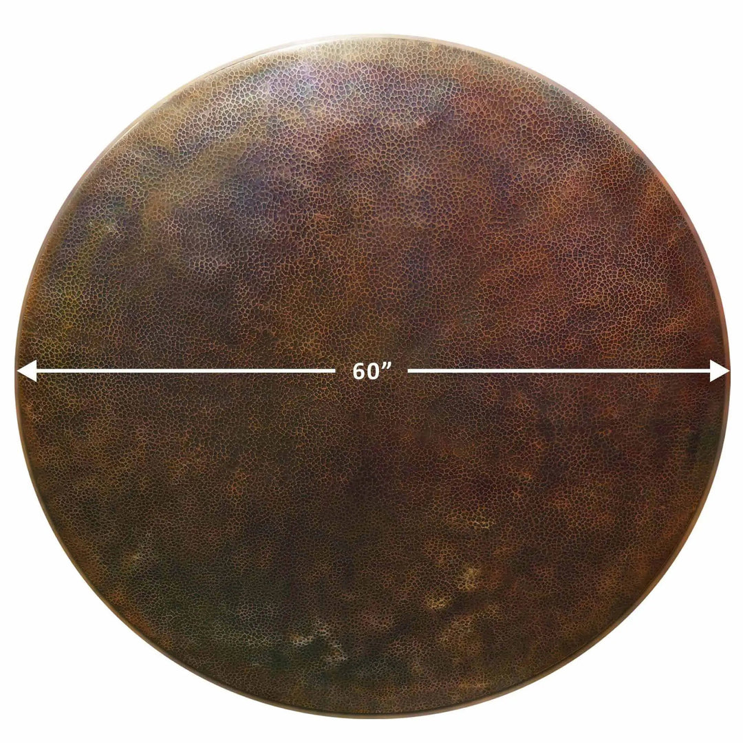 Moreno 60-inch round copper fire pit lid with detailed measurements, designed for large outdoor fire pits and fire bowls. The hammered copper finish adds durability and style, making it a perfect accessory for protecting fire pit tables and outdoor fire bowls. The copper material ensures long-lasting outdoor use while offering a refined look