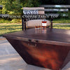 Moreno 60-inch x 26-inch rectangular copper fire pit lid by Starfire Designs, displayed in an outdoor patio setting. This hammered copper lid features durable brass handles, offering both protection and elegance for large outdoor fire pits. Perfect for backyard fire bowls and modern fire pit tables, the copper lid enhances both the functionality and aesthetic of your outdoor space.