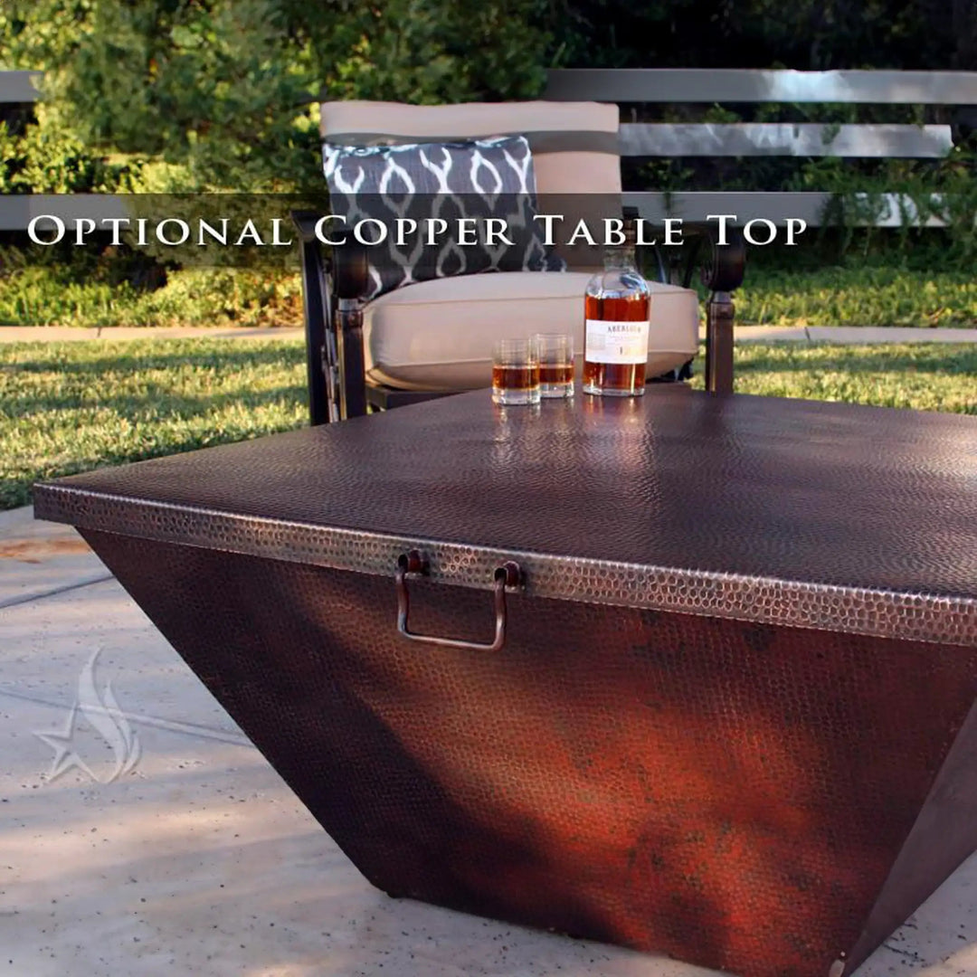 Moreno 60-inch x 26-inch rectangular copper fire pit lid by Starfire Designs, displayed in an outdoor patio setting. This hammered copper lid features durable brass handles, offering both protection and elegance for large outdoor fire pits. Perfect for backyard fire bowls and modern fire pit tables, the copper lid enhances both the functionality and aesthetic of your outdoor space.