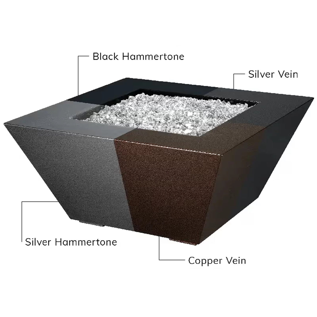 Square fire pit showcasing different finishes, including Black Hammertone, Silver Vein, Silver Hammertone, and Copper Vein, with labels indicating each finish on different sections of the fire pit.