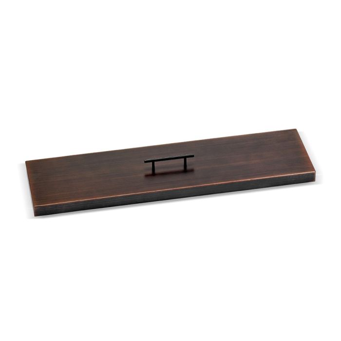 30-inch linear burner cover in oil rubbed bronze by American Fire Products, featuring a rich, dark finish with subtle copper accents and a center handle—designed to protect your fire pit burner with timeless elegance and durability.