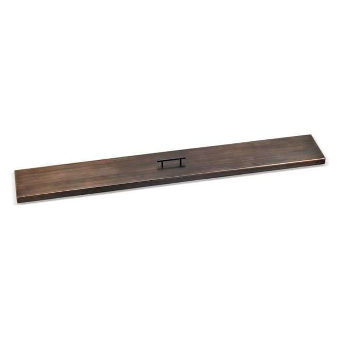 60-inch oil rubbed bronze linear burner cover by American Fire Products, featuring a warm, brushed finish and center handle—crafted to protect large fire pit burners while complementing classic or rustic outdoor décor.