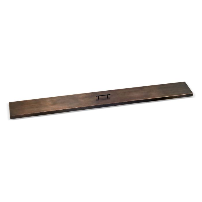 72-inch oil rubbed bronze linear burner cover by American Fire Products, showcasing a deep, brushed finish with a central handle—designed for stylish protection of extra-long fire pit burners in upscale outdoor settings.