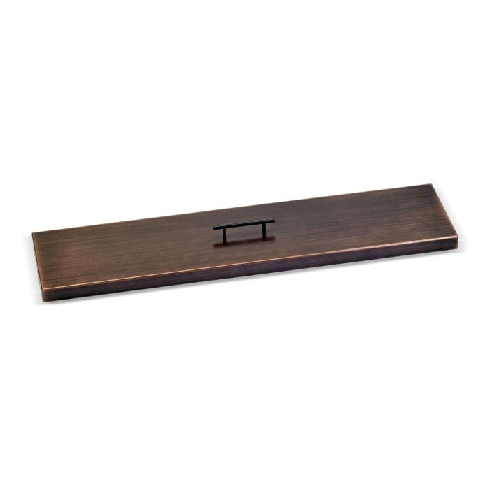Oil rubbed bronze linear burner cover by American Fire Products, featuring a warm, brushed finish with a central handle—perfect for protecting fire pit burners while adding a touch of classic elegance to your outdoor space.