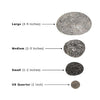 A size comparison of Starfire Designs outdoor rolled lava rocks in three sizes: large (3-5 inches), medium (2-3 inches), and small (1-2 inches), with a U.S. quarter for scale. These natural lava rocks are perfect for fire pits, offering excellent heat retention and a rustic appearance. Ideal for use in any outdoor fire feature, enhancing the ambiance with their natural texture