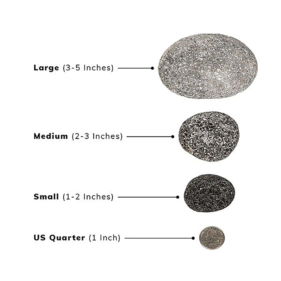 A size comparison of Starfire Designs outdoor rolled lava rocks in three sizes: large (3-5 inches), medium (2-3 inches), and small (1-2 inches), with a U.S. quarter for scale. These natural lava rocks are perfect for fire pits, offering excellent heat retention and a rustic appearance. Ideal for use in any outdoor fire feature, enhancing the ambiance with their natural texture