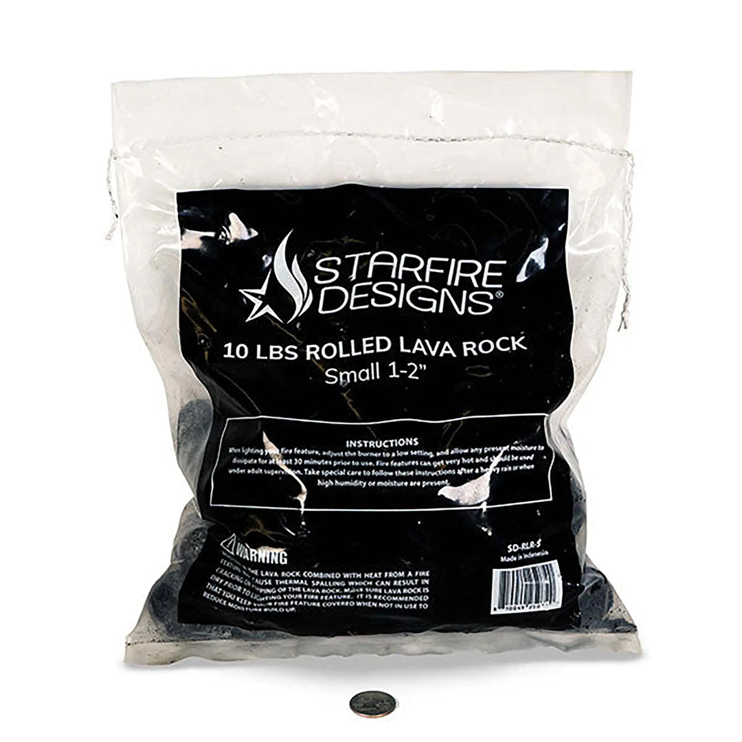 A 10-pound bag of medium-sized (2-3 inches) rolled lava rocks from Starfire Designs, ideal for use in outdoor fire pits and fireplaces. The bag features clear labeling and safety instructions, with the rolled lava rocks visible through the transparent section. These natural lava rocks provide excellent heat retention and are perfect for enhancing the aesthetics and performance of any outdoor fire feature