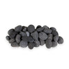 A close-up view of medium-sized (2-3 inches) rolled lava rocks, suitable for outdoor fire pits and fireplaces. These high-quality volcanic rocks offer superior heat retention, ensuring an even and efficient burn. The pile of lava rocks showcases their natural texture and dark gray tone, which adds a stylish and functional element to outdoor fire features